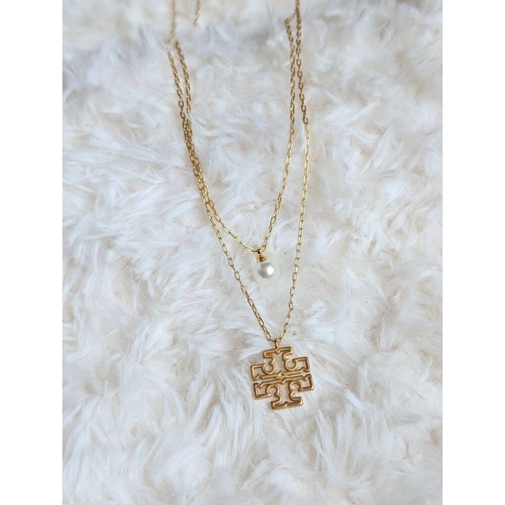 TORY BURCH Britten Pedal Gold Tone Double T Logo Double Layered Necklace